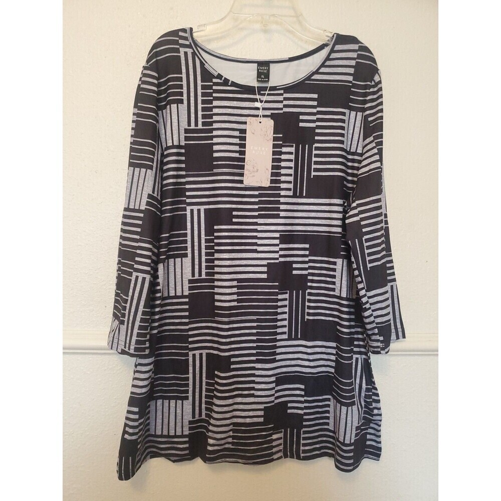 Emery Rose Top 3/4 Sleeve‎ Shirt Womens Size XL Black Geometric Stripes